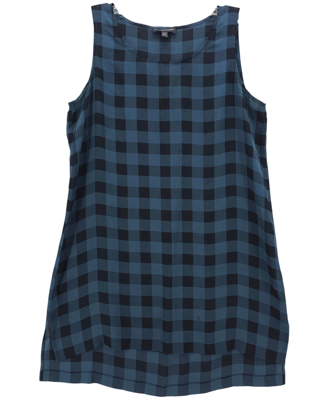 Eileen Fisher Blue and Black Plaid Sleeveless Shift Dress